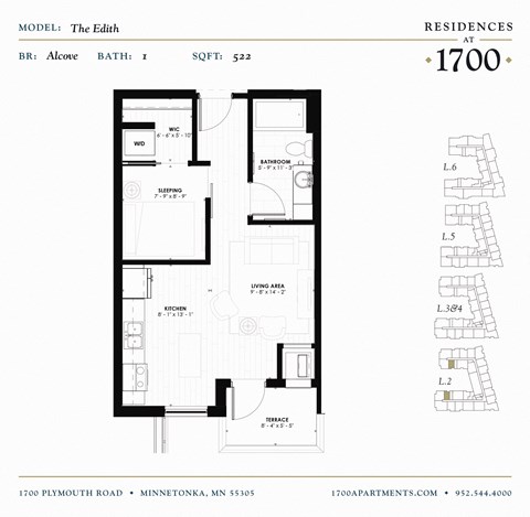 Floor plan for studio, 1 bath, 522 sqft